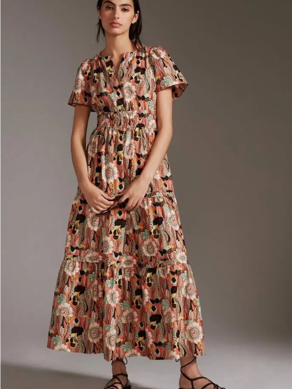 Anthropologie Maeve Somerset Drees: Coral Floral Tiered Maxi